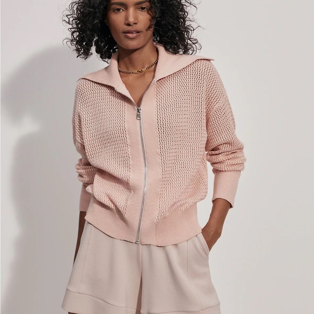 Varley Pink Zip-Front Open-Knit Cardigan